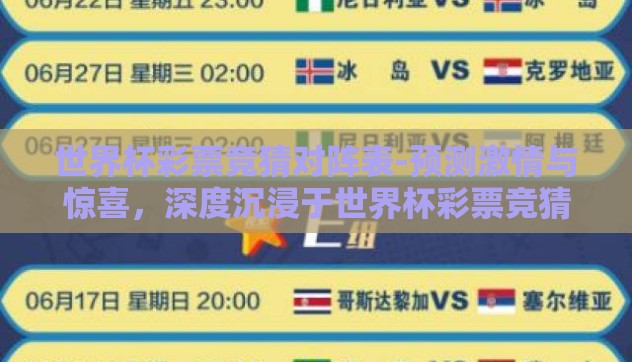 世界杯彩票竞猜对阵表-预测激情与惊喜,深度沉浸于世界杯彩票竞猜对阵表的奇妙世界 世界杯彩票竞猜对阵表-预测激情与惊喜,深度沉浸于世界杯彩票竞猜对阵表的奇妙世界
