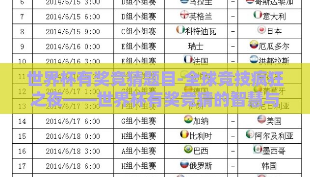 世界杯有奖竞猜题目-全球竞技疯狂之夜——世界杯有奖竞猜的智慧与乐趣