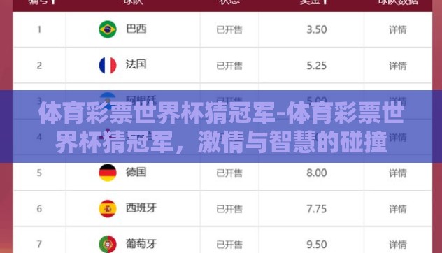 体育彩票世界杯猜冠军-体育彩票世界杯猜冠军,激情与智慧的碰撞 体育彩票世界杯猜冠军-体育彩票世界杯猜冠军,激情与智慧的碰撞